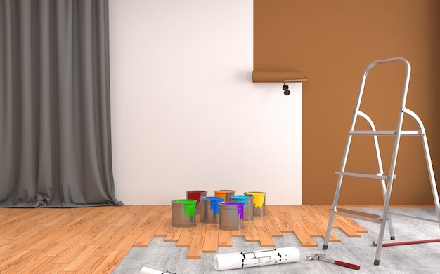 Foto reparação e pintura de paredes no quarto. ilustração 3d