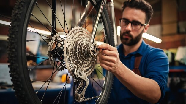 Foto reparación de bicicletas en el taller hombre limpia casete de estrella de cerca