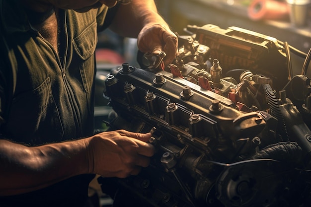 Reparación mecánica del motor de un coche en un centro de servicio con IA generativa