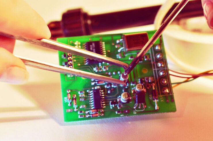 Foto reparación de un microcircuito electrónico. tecnologías informáticas e industriales. ingeniería de información.