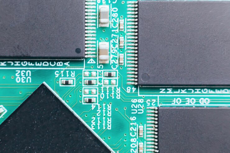Foto reparación de placa de circuito. tecnología moderna de hardware electrónico. chip de computadora personal digital de placa base. fondo de ciencia tecnológica. procesador de comunicaciones integrado. componente de ingeniería de la información.