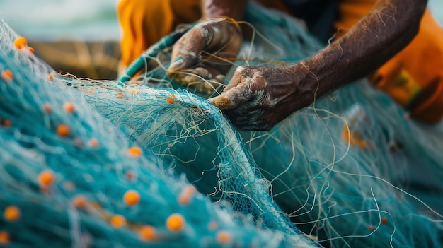 Reparación de una red de pesca tradicional que destaca el uso sostenible de los recursos hídricos