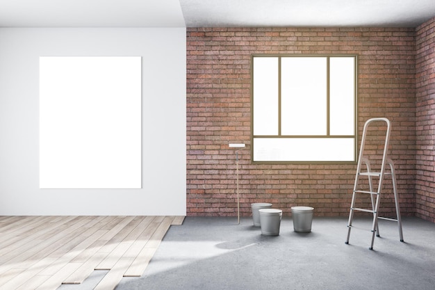 Reparaciones interiores de habitaciones luminosas sin terminar en apartamento con paredes de ladrillo de ventana, suelo de madera y marco en blanco 3D Rendering