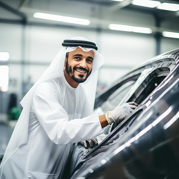 Foto reparador de automóviles árabe pintor y reparador