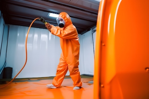 Foto reparador de automóviles pintor mano en guante de protección con aerógrafo pulverizador pintura carrocería en la cámara de pintura red neuronal ai generada