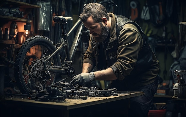 Reparador de bicicletas en un garaje IA generativa