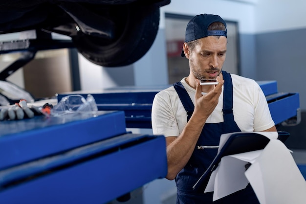 Reparador de automóveis se comunicando pelo alto-falante do celular em uma oficina