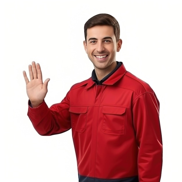 Un reparador feliz con uniforme rojo