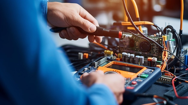 Reparador de imágenes recortadas usando un multímetro mientras arregla la placa base de la computadora AI Generado
