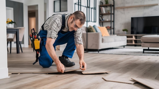 El reparador reemplaza los paneles laminados del piso del apartamento