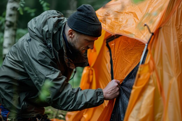 Un reparador de tiendas de campaña arreglando una tienda de campamento rota que ilustra las capacidades de reparación de tiendas de campo