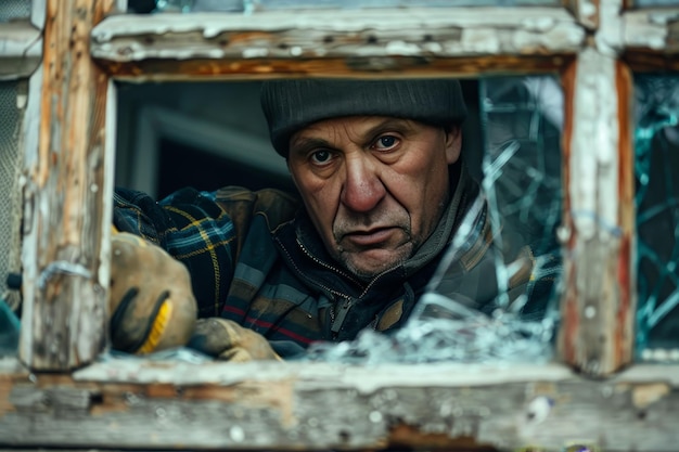 Un reparador de ventanas arreglando un vidrio de ventana roto haciendo hincapié en las habilidades de reparación de ventanas