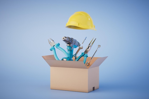 Reparar herramientas una caja abierta con herramientas azules en un render 3D de fondo azul