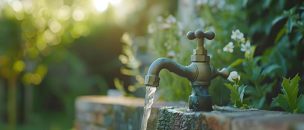 Reparatur eines undichten Außenhahns oder eines Wasserhahns im Garten Konzept Klempnerwerk Reparaturen im Freien Undichte des Wasserhahns DIY Reparaturen Instandhaltung des Hauses