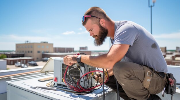 Foto reparaturarbeiter auf dem dach, der das klimaanlage-system repariert