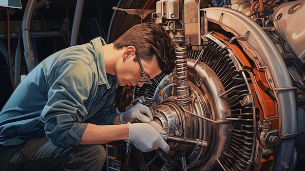 Reparaturservice für Flugzeugtriebwerke Ein Mann repariert ein Flugzeugtriebwerk