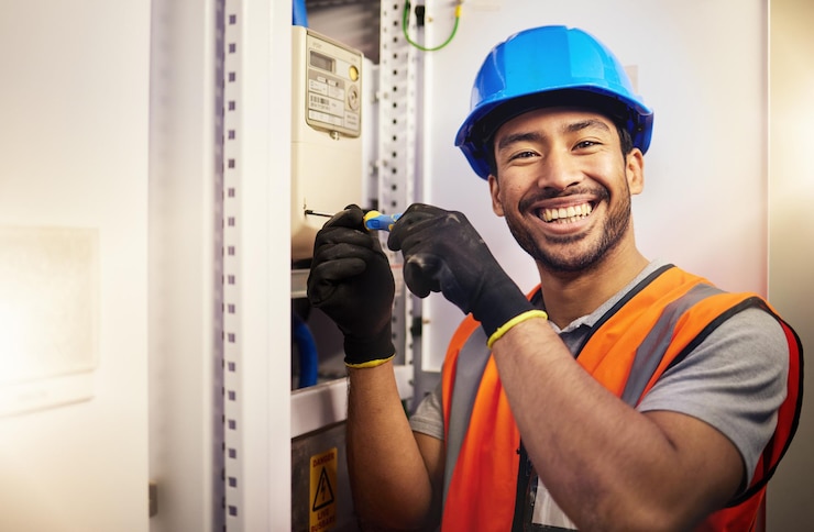 Foto reparo de eletricista e retrato com homem na sala de controle para mecânico de ferramentas ou segurança energia elétrica e poder com técnico asiático e verificação de manutenção do gerador ou inspeção do circuito