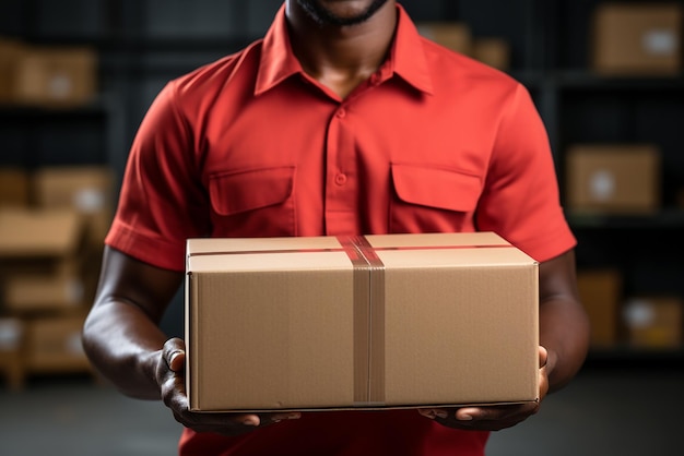 Un repartidor en un almacén logístico sostiene una caja de cartón