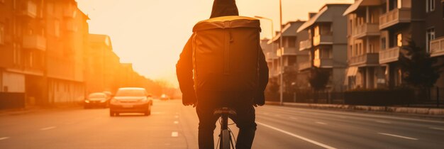 El repartidor anda en bicicleta y reparte mercancías por la ciudad con una mochila de reparto Generativo