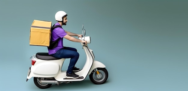 Repartidor árabe llevando caja de paquetes en motocicleta