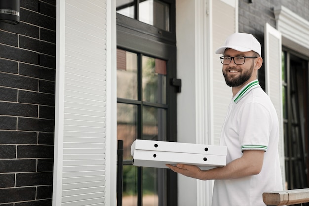 Repartidor barbudo sosteniendo cajas de pizza