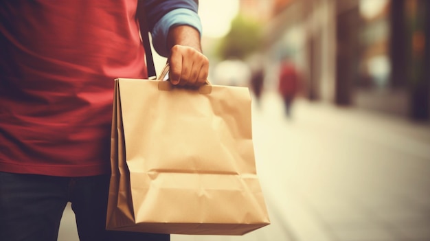 Foto el repartidor con la bolsa de papel