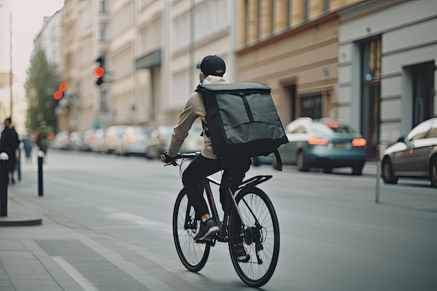 Repartidor de comida andando en bicicleta por las calles de la ciudad con orden en la cesta