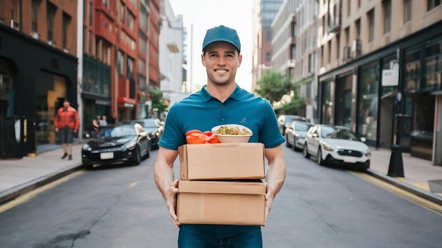 El repartidor de comida con cajas de comida.