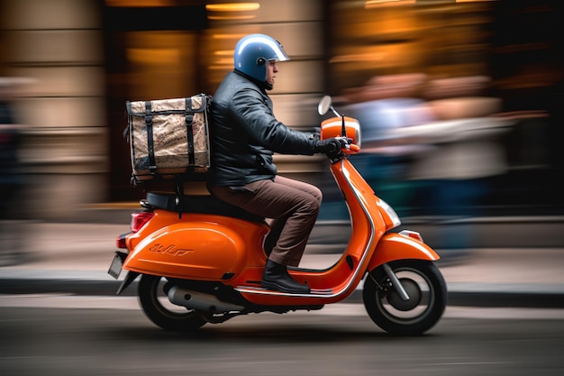 Un repartidor de comida con casco y una mochila brillante recorre las concurridas calles en su moto desenfoque de movimiento AI generativo