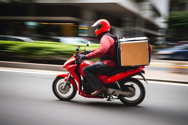 Foto repartidor de comida llevando caja de paquetes en motocicleta