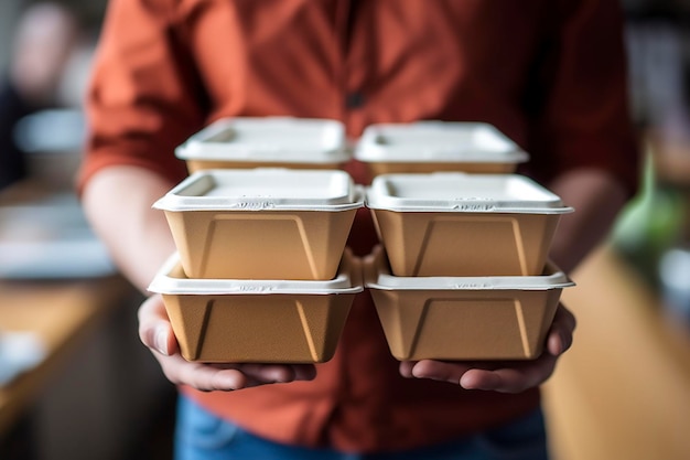 Repartidor de comida ofrece varias cajas de cartón reciclado con los platos preparados generados por Ai