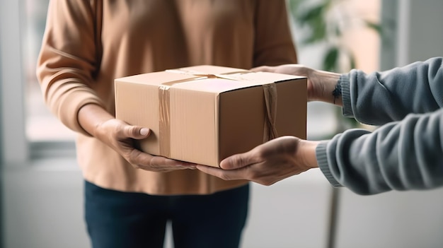 repartidor entregando la caja de cartón al cliente