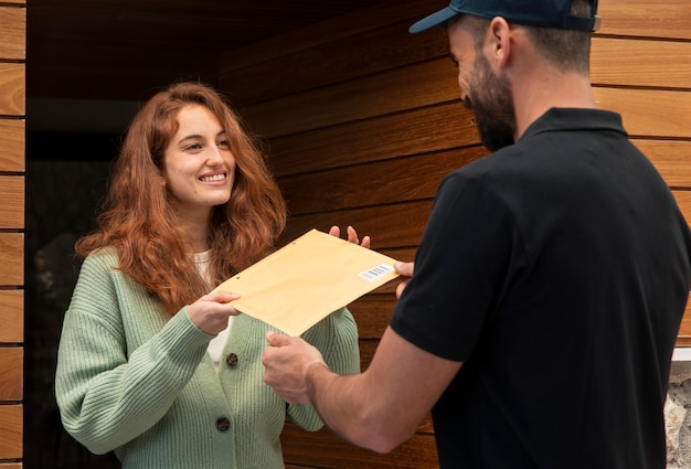 Repartidor entregando un paquete para una mujer