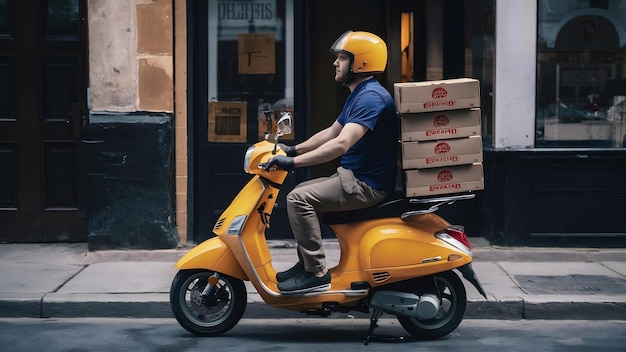 Un repartidor feliz conduciendo un scooter amarillo mientras sostiene cajas de pizza