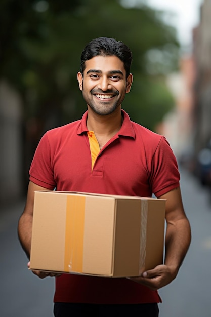 Repartidor feliz indio de pie con la caja para ser entregada