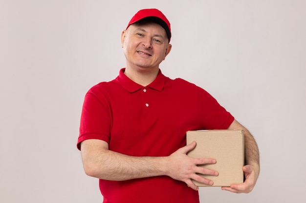 Repartidor feliz y positivo en uniforme rojo y gorra sosteniendo una caja de cartón mirando a la cámara sonriendo confiado de pie sobre fondo blanco.