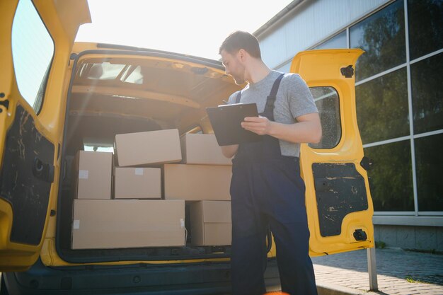 Repartidor joven repartidor en uniforme sujetar documentos portapapeles lista de verificación cajas de paquetes cerca de un automóvil para el envío del servicio al cliente Conceptos de servicio de compras en línea