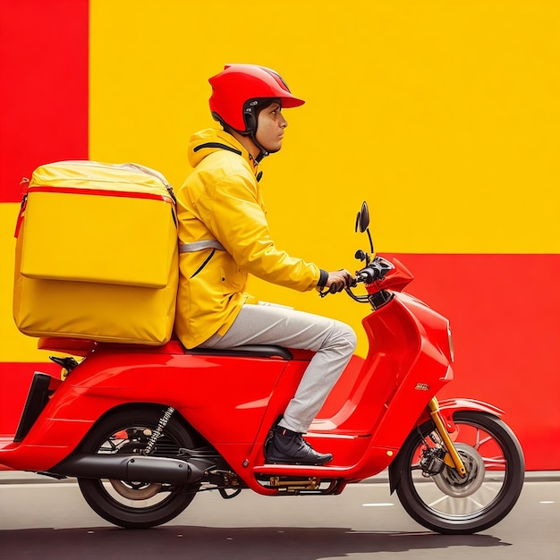 Foto un repartidor con una motocicleta roja.