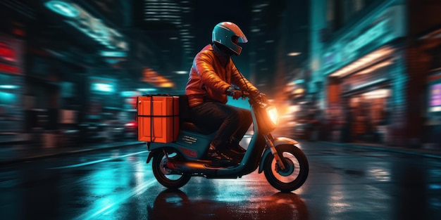 Repartidor paseo moto scooter en la noche con luces de neón Motion blur paisaje urbano IA generativa
