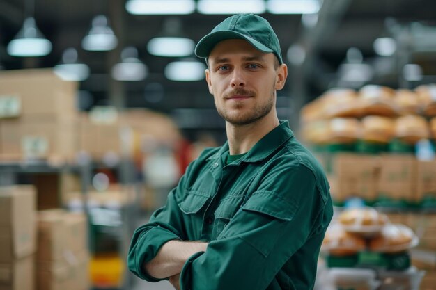 Foto el repartidor está de pie en el supermercado ia generativa