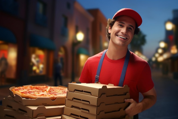 Repartidor de pizza hombre adulto recogiendo cajas de pizza al aire libre