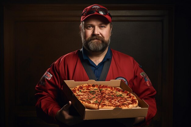 Foto el repartidor profesional está sosteniendo una pizza.