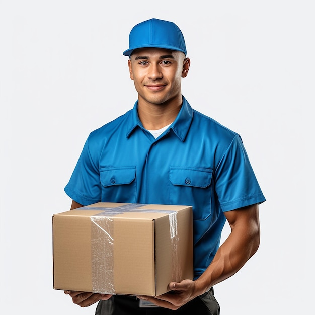 Un repartidor que lleva un casco y un casco fucsia lleva una caja y un fondo blanco.