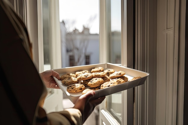 Repartidor que lleva un plato de galletas calientes al alféizar de la ventana soleada