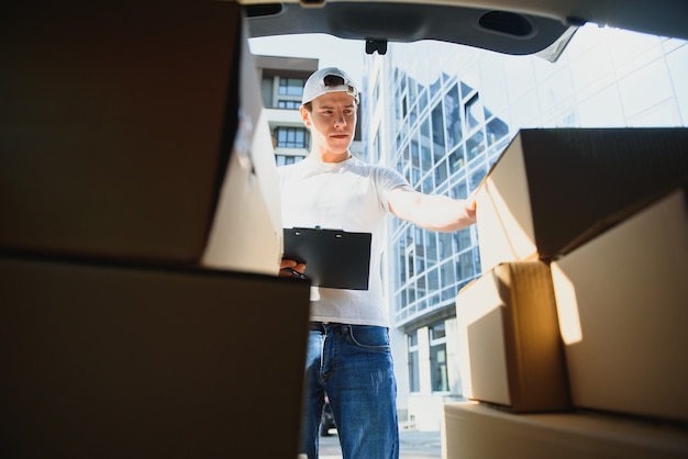 Repartidor recogiendo la caja del coche.