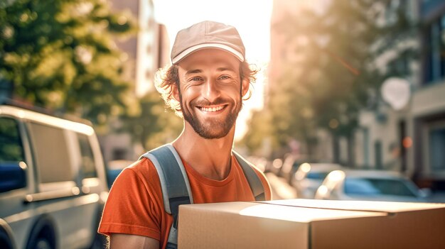 Repartidor sonriente sosteniendo caja de paquete de cartón mirando a la cámara