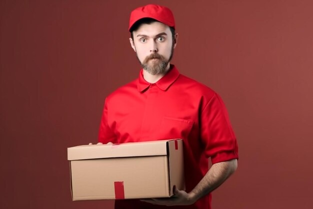 Repartidor sosteniendo una caja sobre fondo rojo Concepto de servicio de entrega