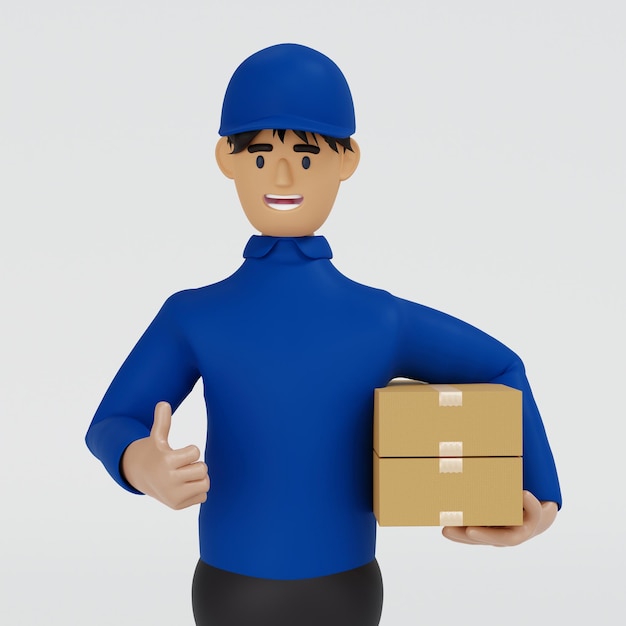 Repartidor en uniforme azul sonriendo sosteniendo la caja del paquete y dando pulgar arriba servicio de envío 3D render