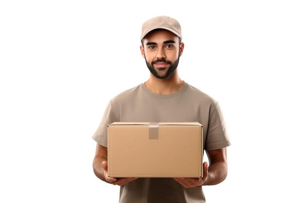 Repartidor con uniforme rojo aislado en un retrato de estudio de fondo azul Empleado masculino con estampado de camiseta con gorra trabajando como distribuidor de mensajería sostiene una caja de cartón vacía Concepto de servicio Maqueta de espacio de copia