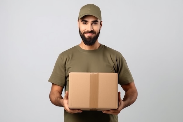 Repartidor con uniforme rojo aislado en un retrato de estudio de fondo azul Empleado masculino con estampado de camiseta con gorra trabajando como distribuidor de mensajería sostiene una caja de cartón vacía Concepto de servicio Maqueta de espacio de copia